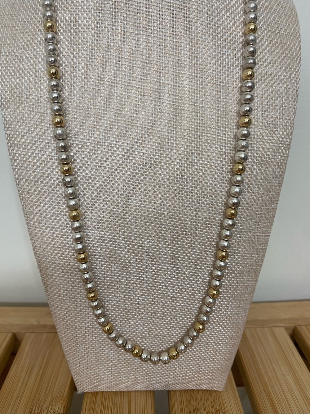 Vintage Napier Two Tone Silver & Gold Beaded Necklace Long Strand Signed 25”